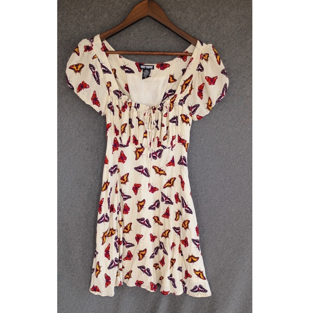 Hot Topic Butterfly Print Milkmaid Mini‎ Dress Cream Lace Up Back XS Puff Sleeve